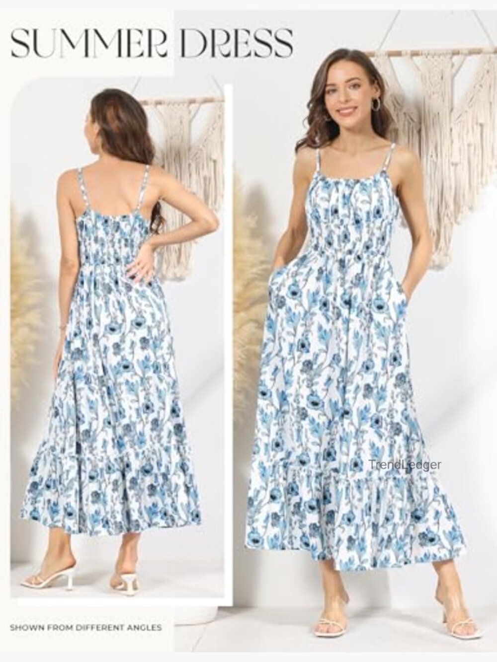 Smocked Floral Maxi Dress Boho Beach Sundress with Pockets - Picture 4 of 7